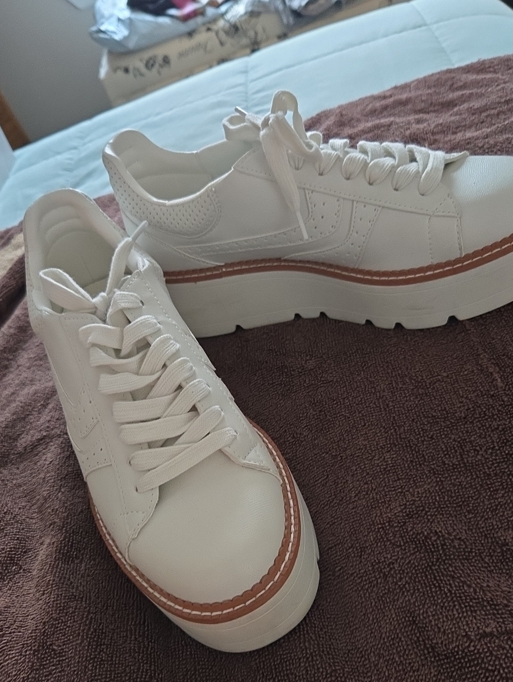 White Platform Lace-Up Woman's Sneakers with Brown Trim